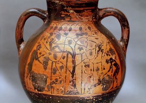 Rhodische stijl amphora die het plukken van druiven afbeeldt